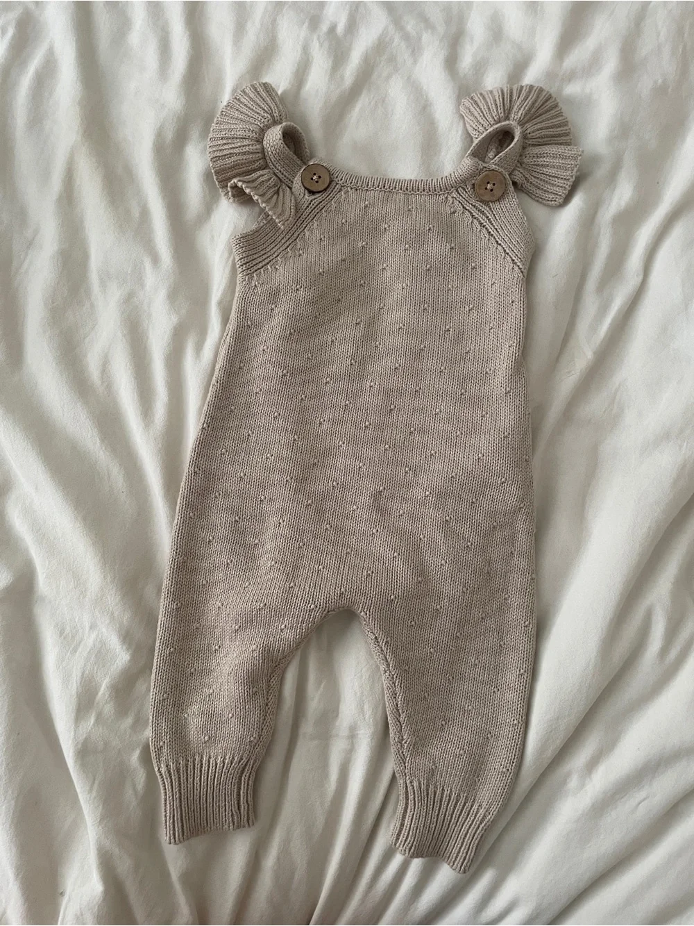 Beige Knit Baby Romper with Ruffle Straps, Baby 0-3M